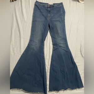 Free People Women's Flared Raw Edge Bell Bottom Blue Jeans